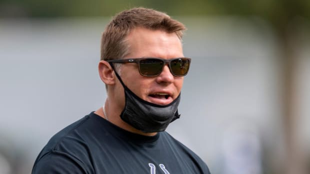 Indianapolis Colts general manager Chris Ballard interacts during the 2020 preseason at the team complex.