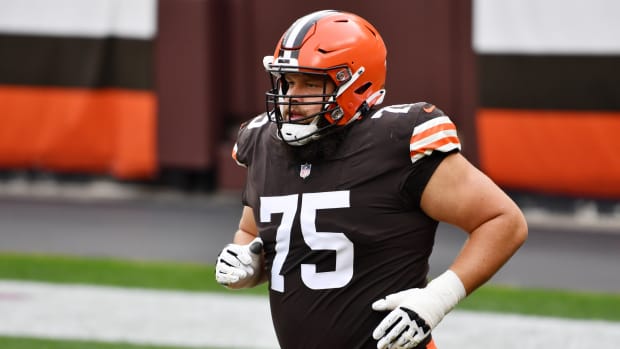 Oct 11, 2020; Cleveland, Ohio, USA; Cleveland Browns offensive guard Joel Bitonio (75) is introduced before the game between the Cleveland Browns and the Indianapolis Colts at FirstEnergy Stadium. Mandatory Credit: Ken Blaze-USA TODAY Sports
