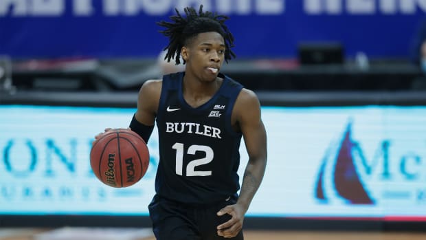 Jan 2, 2021; Newark, New Jersey, USA; Butler Bulldogs guard Myles Tate (12) dribbles up court during the second half against the Seton Hall Pirates at Prudential Center.