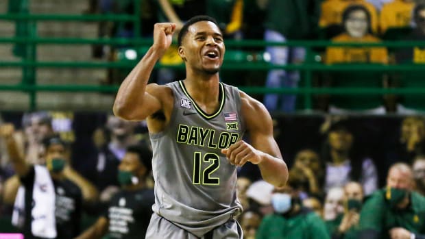Baylor's Jared Butler celebrates during a win over Kansas