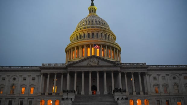 The U.S. Capitol is seen at dusk