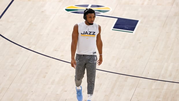Jan 21, 2021; Salt Lake City, Utah, USA; Utah Jazz guard Donovan Mitchell (45) warms up prior to their game against the New Orleans Pelicans at Vivint Smart Home Arena. Mandatory Credit: Jeffrey Swinger-USA TODAY Sports