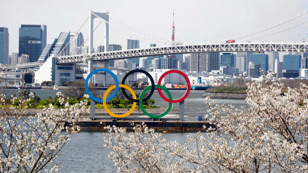 Olympic rings monument at Rainbow Bridge, Odaiba, Tokyo