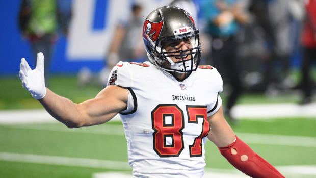 Tampa Bay Buccaneers tight end Rob Gronkowski (87) celebrates after scoring a touchdown against the Detroit Lions during the third quarter at Ford Field.