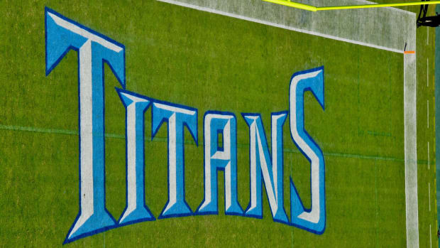 Tennessee Titans logo spelled out in the north end zone inside Nissan Stadium prior to the game against the Los Angeles Chargers.