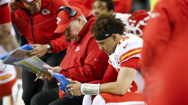 Dec 23, 2018; Seattle, WA, USA; Kansas City Chiefs quarterback Patrick Mahomes (15) and head coach Andy Reid sit on the bench during the third quarter against the Seattle Seahawks at CenturyLink Field. Mandatory Credit: Joe Nicholson-USA TODAY Sports