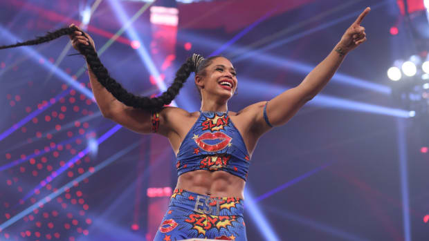 Bianca Belair celebrates after winning the Royal Rumble