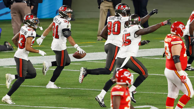 Feb 7, 2020; Tampa, FL, USA; Tampa Bay Buccaneers strong safety Antoine Winfield Jr. (31) celebrates after intercepting a pass against the Kansas City Chiefs during the third quarter of Super Bowl LV at Raymond James Stadium.