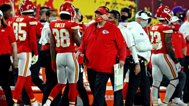 Feb 7, 2021; Tampa, FL, USA; Kansas City Chiefs head coach Andy Reid on the sidelines during the second quarter against the Tampa Bay Buccaneers in Super Bowl LV at Raymond James Stadium. Mandatory Credit: Matthew Emmons-USA TODAY Sports
