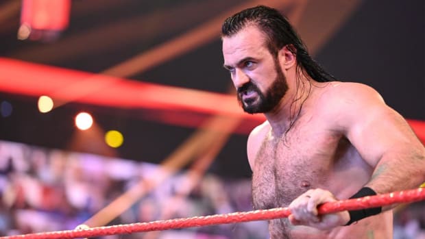 WWE's Drew McIntyre reacts in the ring on Raw