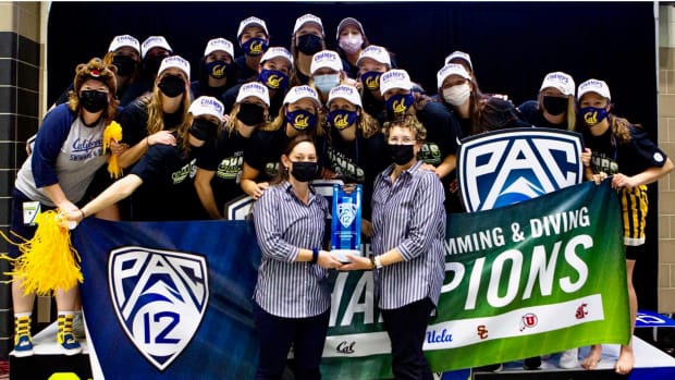 Cal celebrates its Pac-12 women's swimming title