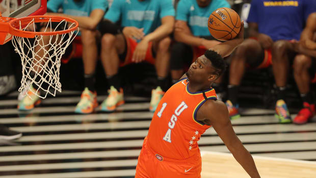 Zion Williamson dunking the ball during the 2020 Rising Stars Game.