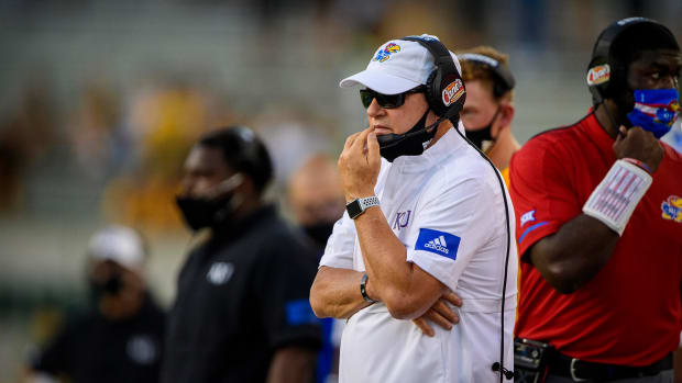 Sep 26, 2020; Waco, Texas, USA; Kansas Jayhawks head coach Les Miles during the game between the Bears and the Jayhawks at McLane Stadium.