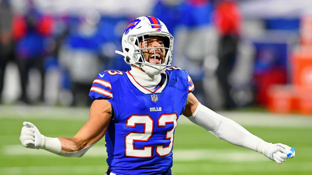 Buffalo Bills strong safety Micah Hyde reacts after a play against the Baltimore Ravens during the first half of an AFC Divisional Round playoff game at Bills Stadium