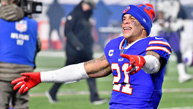 Jan 16, 2021; Orchard Park, New York, USA; Buffalo Bills free safety Jordan Poyer (21) celebrates their win over the Baltimore Ravens in an AFC Divisional Round playoff game at Bills Stadium. The Buffalo Bills won 17-3.
