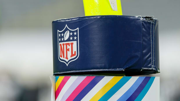 Oct 5, 2020; Green Bay, Wisconsin, USA; NFL logo on goalpost padding during the game between the Atlanta Falcons and Green Bay Packers at Lambeau Field.