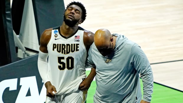 Purdue forward Trevion Williams reacts after losing to North Texas in the first round of the 2021 NCAA tournament.