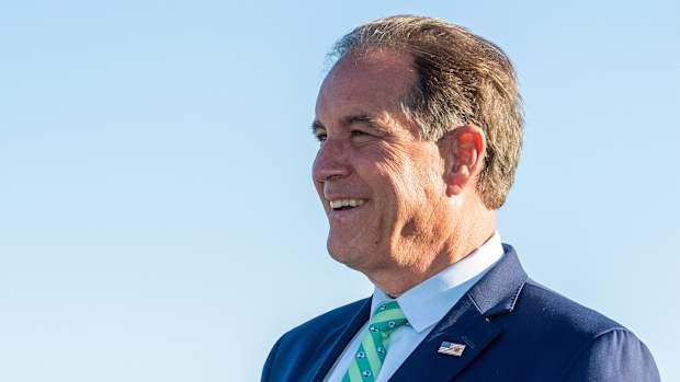 February 9, 2020; Pebble Beach, California, USA; CBS Sports broadcaster Jim Nantz during the final round of the AT&T Pebble Beach Pro-Am golf tournament at Pebble Beach Golf Links.