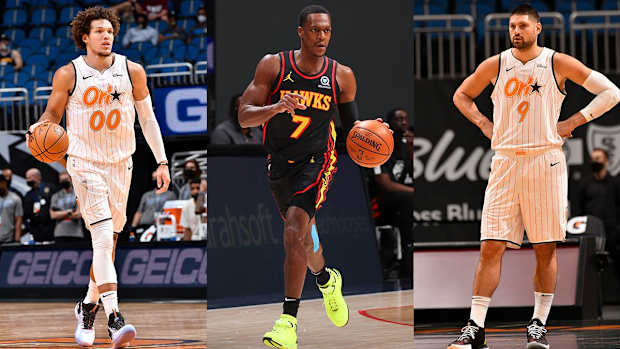 Aaron Gordon, Rajon Rondo and Nikola Vucevic