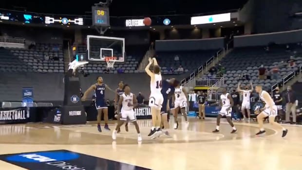 Screenshot from video of buzzer beater in Division-II tournament