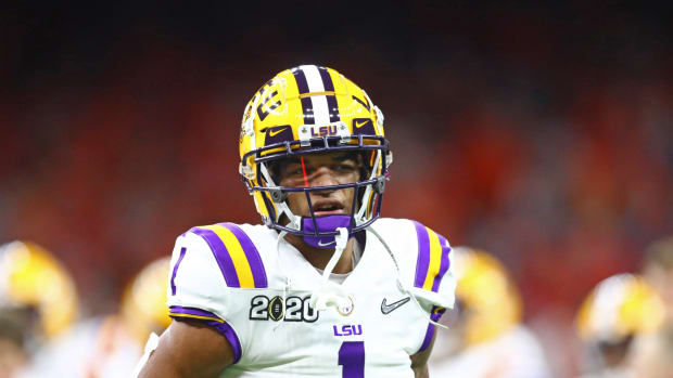 Jan 13, 2020; New Orleans, Louisiana, USA; LSU Tigers wide receiver Ja'Marr Chase (1) against the Clemson Tigers in the College Football Playoff national championship game at Mercedes-Benz Superdome. Mandatory Credit: Mark J. Rebilas-USA TODAY Sports