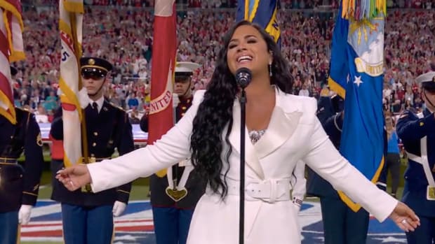 Demi Lovato performs the national anthem at the Super Bowl.