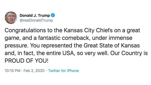 President Trump tweeted congrats to the 'Great State of Kansas' after the Chiefs Super Bowl win.