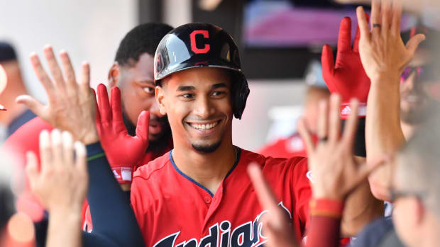 Aug 4, 2019; Cleveland, OH, USA; Cleveland Indians center fielder Oscar Mercado (35) celebrates after hitting a home run during the first inning against the Los Angeles Angels at Progressive Field.