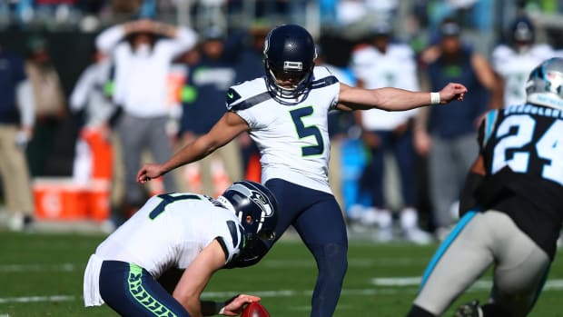 Seattle Seahawks kicker Jason Myers (5) attempts an extra point in the first quarter against the Carolina Panthers at Bank of America Stadium.