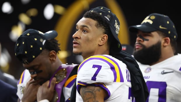 Jan 13, 2020; New Orleans, Louisiana, USA; LSU Tigers safety Grant Delpit (7) against the Clemson Tigers in the College Football Playoff national championship game at Mercedes-Benz Superdome.