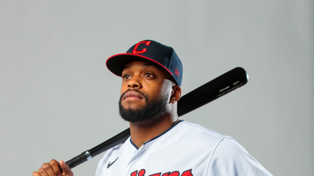 Feb 19, 2020; Goodyear, Arizona, USA; Cleveland Indians outfielder Delino DeShields poses for a portrait during media day at the Indians training facility.