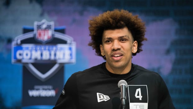 Feb 25, 2020; Indianapolis, Indiana, USA; Washington tight end Hunter Bryant (TE04) speaks to the media during the 2020 NFL Combine in the Indianapolis Convention Center.