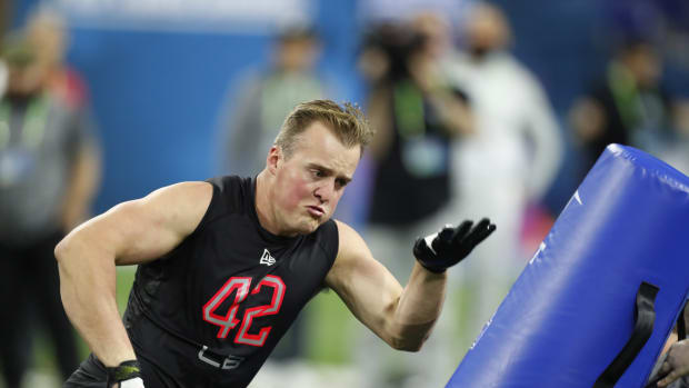 California linebacker Evan Weaver (LB42) goes through a workout drill during the 2020 NFL Combine at Lucas Oil Stadium.