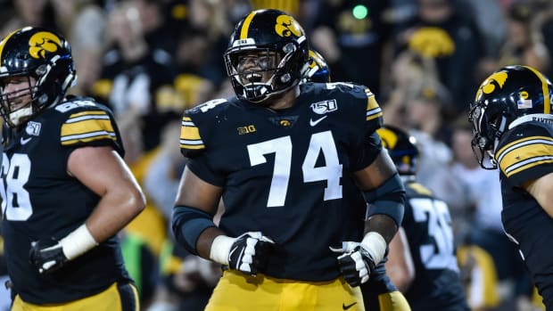 Aug 31, 2019; Iowa City, IA, USA; Iowa Hawkeyes offensive lineman Tristan Wirfs (74) reacts during the game against the Miami (Oh) Redhawks at Kinnick Stadium. Mandatory Credit: Jeffrey Becker-USA TODAY Sports