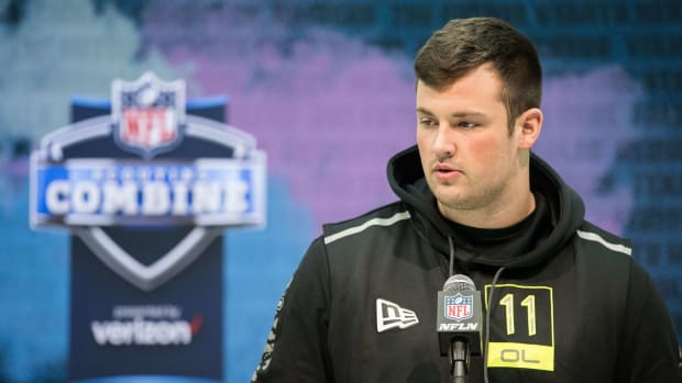 Feb 26, 2020; Indianapolis, Indiana, USA; Boise State offensive lineman Ezra Cleveland (OL11) speaks to the media during the 2020 NFL Combine in the Indianapolis Convention Center.
