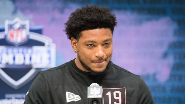 Feb 27, 2020; Indianapolis, Indiana, USA; Ohio State linebacker Malik Harrison (LB19) speaks to the media during the 2020 NFL Combine in the Indianapolis Convention Center.