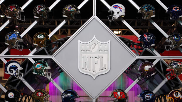 Jan 27, 2020; Miami, Florida; USA; General overall view of the NFL Shield logo and helmets at the NFL Experience at the Miami Beach Convention Center.