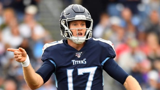 Tennessee Titans quarterback Ryan Tannehill (17) reacts after picking up a first down during the second half against the Tampa Bay Buccaneers at Nissan Stadium.