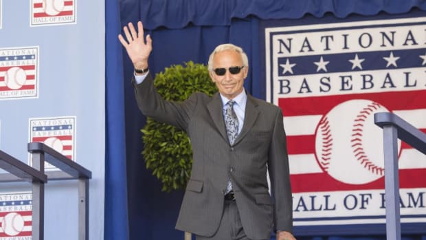 Jul 24, 2016; Cooperstown, NY, USA; Hall of Famer Sandy Koufax waves after being introduced during the 2016 MLB baseball hall of fame induction ceremony at Clark Sports Center. Mandatory Credit: Gregory J. Fisher-USA TODAY Sports