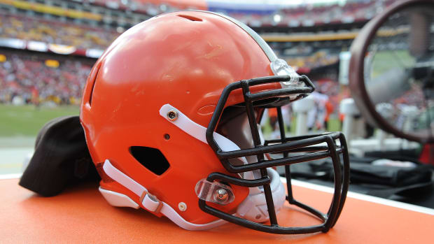 Oct 2, 2016; Landover, MD, USA; Detail view of Cleveland Browns helmet against the Washington Redskins during the second half at FedEx Field. Washington Redskins wins 31 - 20. Mandatory Credit: Brad Mills-USA TODAY Sports
