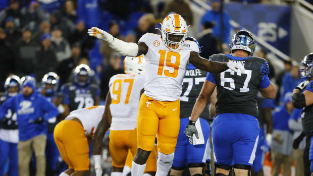 Nov 9, 2019; Lexington, KY, USA; Tennessee Volunteers linebacker Darrell Taylor (19) celebrates during the game against the Kentucky Wildcats in the second half at Kroger Field.