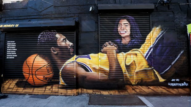 A mural paying tribute to Kobe Bryant at Barclays Center is seen after the Atlantic 10 Conference Tournament was canceled due the COVID-19 pandemic.