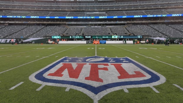 Nov 24, 2019; East Rutherford, NJ, USA; General overall view of the NFL shield logo at midfield at MetLife Stadium. The Jets defeated the Raiders 34-3.