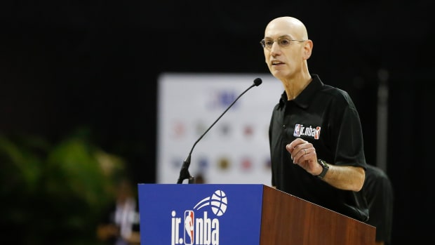 NBA commissioner Adam Silver talks to the participants and families during the closing ceremonies of the Jr. NBA Championship Tournament at ESPN Wide World of Sports Complex.