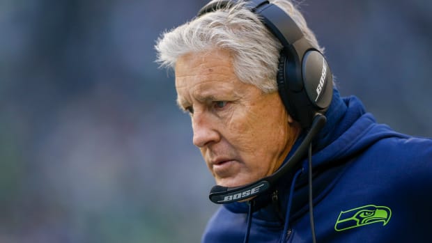 Seattle Seahawks head coach Pete Carroll stands on the sideline during the first quarter against the Arizona Cardinals at CenturyLink Field.