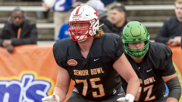 South offensive guard Ben Bartch of Saint John's (75) works through a drill during Senior Bowl practice at Ladd-Peebles Stadium.
