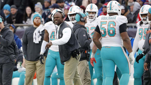 Dec 29, 2019; Foxborough, Massachusetts, USA; Miami Dolphins head coach Brian Flores along the sidelines during the second half against the New England Patriots at Gillette Stadium. Mandatory Credit: Winslow Townson-USA TODAY Sports