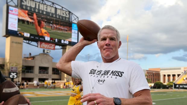 Sep 8, 2018; Hattiesburg, MS, USA; Hall of Fame quarterback Brett Favre warms up before the game between the Southern Miss Golden Eagles and the Louisiana Monroe Warhawks at M. M. Roberts Stadium. Favre played for Southern Miss. Mandatory Credit: Chuck Cook-USA TODAY Sports