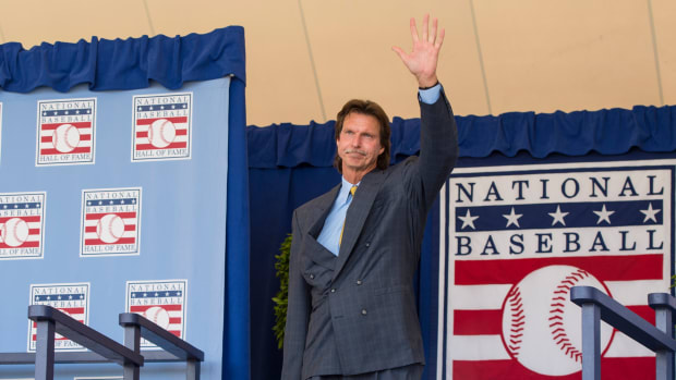 Jul 24, 2016; Cooperstown, NY, USA; Hall of Famer Randy Johnson waves after being introduced during the 2016 MLB baseball hall of fame induction ceremony at Clark Sports Center.