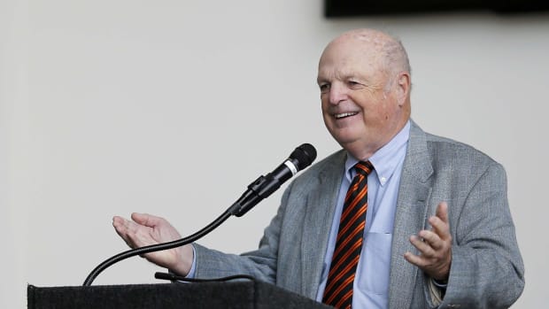 July 24, 2018; Cincinnati, OH, USA; Cincinnati Bengals team owner Mike Brown thanks guests for attending during Bengals media day at Paul Brown Stadium in downtown Cincinnati on Tuesday, July 24, 2018. Mandatory Credit: Sam Greene/The Enquirer via USA TODAY NETWORK